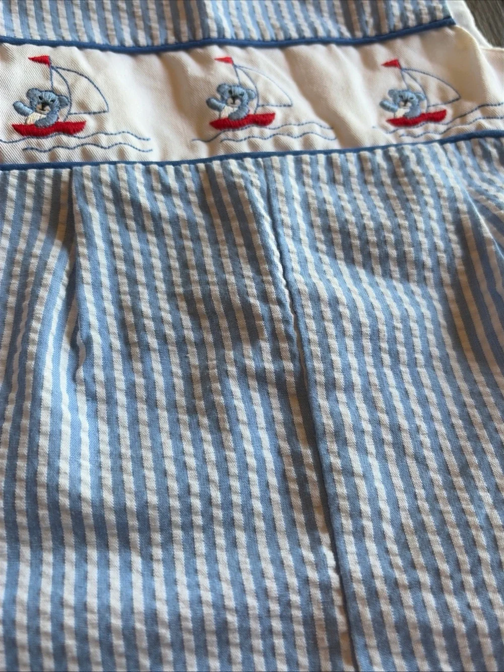 Baby Blue Striped Seersucker Romper Embroidered Nautical Teddy Bear 6-9 Mo